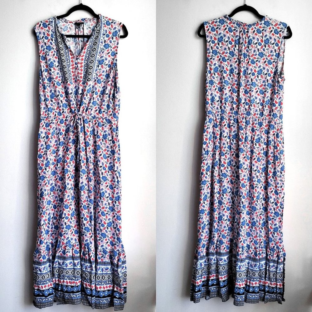 Talbots Boho Floral Sleeveless Tiered Henley Chest Ruffled Maxi Dress